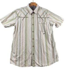 Kavu Mens Striped Short Sleeve Button Up Shirt Beige‎ Green Size Large